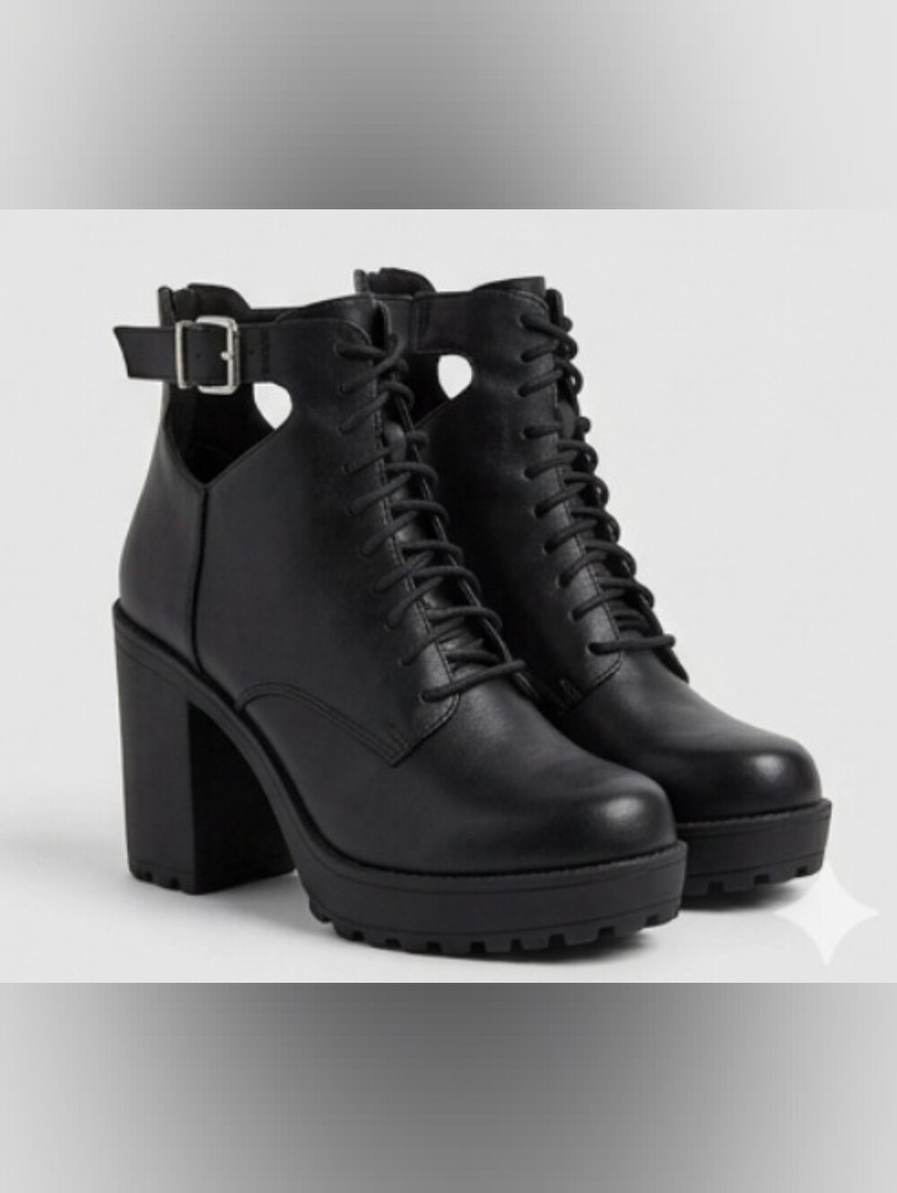 Torrid Black Faux Leather Lug Sole Cut-Out Block Heel Combat Boots Size 10W